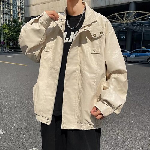 Vintage Hong Kong Style Collar Biker Jacket  New Retro Casual Cool Loose Collar Black Leather Jacket for Men