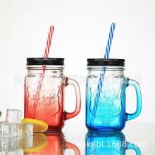 磨砂果汁公雞杯漸變彩色字母玻璃杯透明帶蓋吸管冷飲把子梅森杯