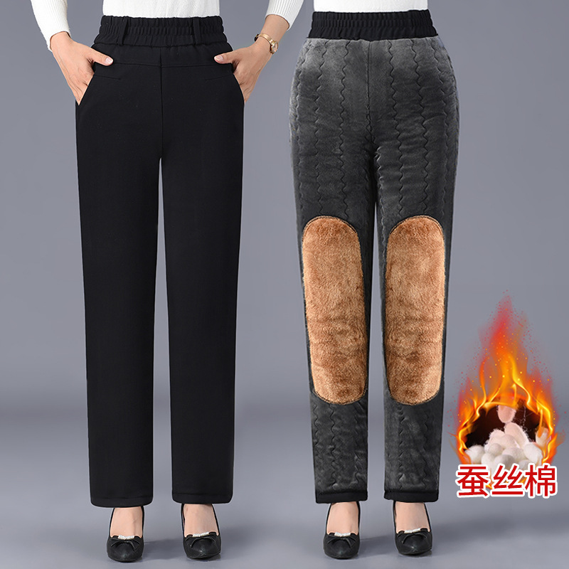 冬季女士棉裤中老年女士高弹特厚蚕丝棉保暖裤宽松直筒高腰妈妈装