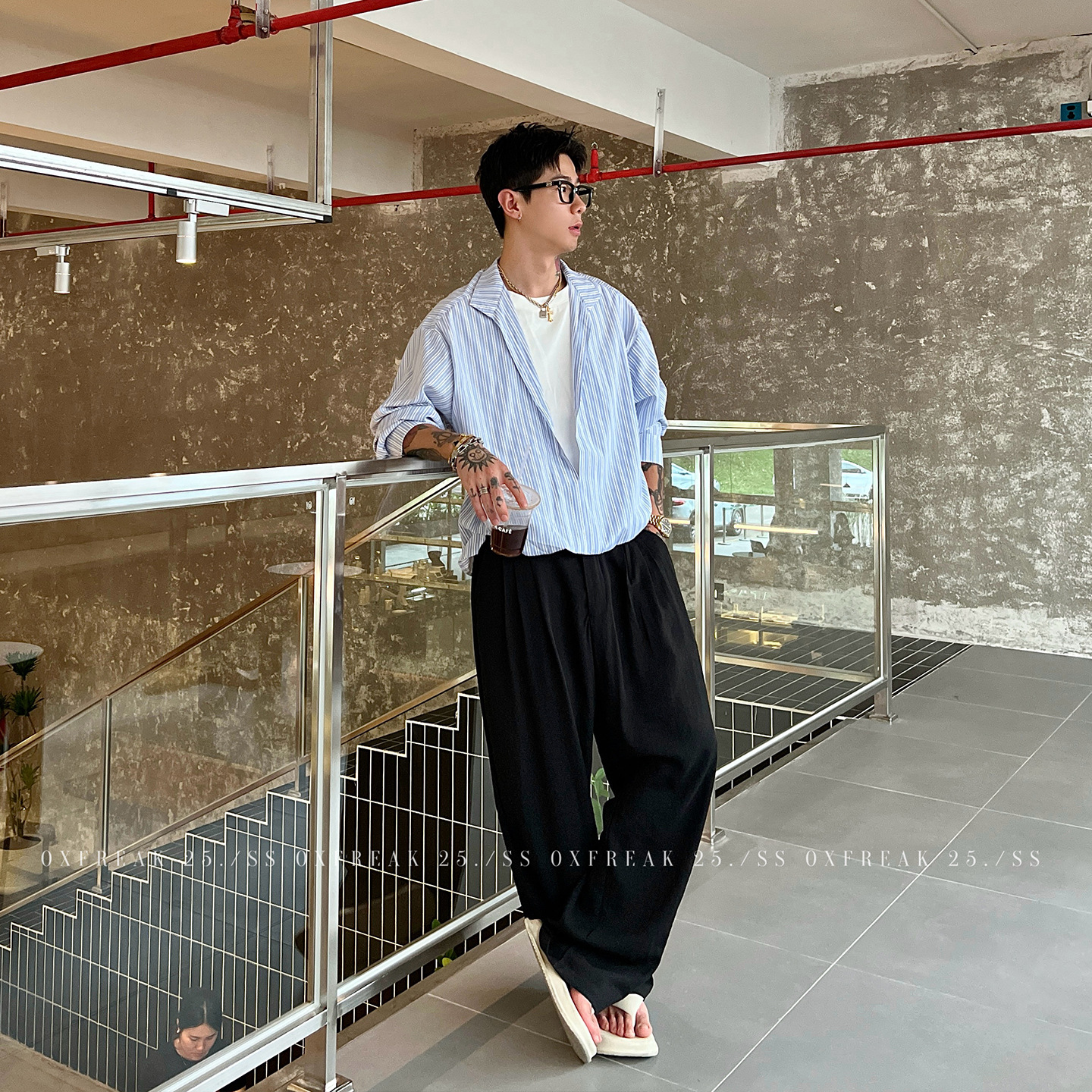 Oxfreak "Lyocell Blue and White Stripes" Old Money Style Fake Two-Piece V-Neck Long Sleeve Shirt for Men Loose Shirt