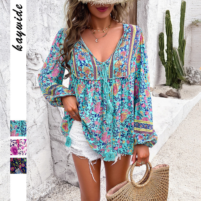 Diyun European and American Bohemian Style Printed Long-Sleeved T-Shirt Women's Shirt Women's Clothing 2025 Autumn and Winter Amazon Independent Station