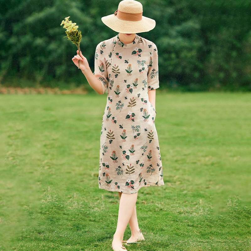 Spring and summer 2023 new Chinese style high-end Ramie printed cheongsam modified cardigan plant printed dress for women