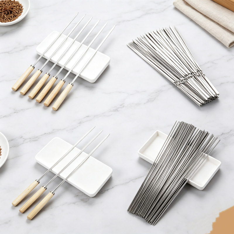 Stainless Steel Barbecue Skewers with Wooden Handles, Anti-Scald Flat and Round Skewer Set, Household Barbecue Skewers, Outdoor Grilling