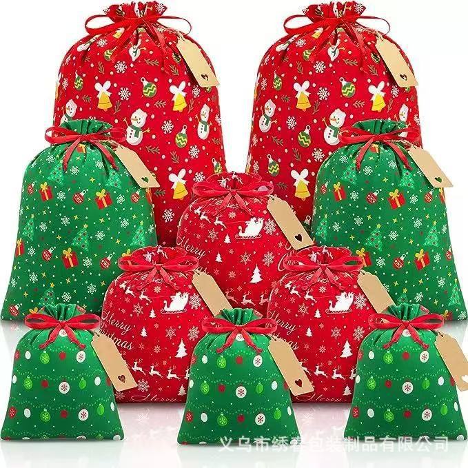2025跨境圣诞节涤纶抽绳束口袋圣诞老人礼品收纳袋可批发重复使用