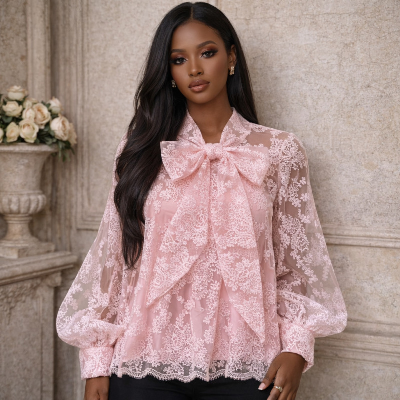 Mesh Long-Sleeved Women's Korean Style Palace-Style Gentle Top Lace Embroidered Shirt with Bow Red French Retro Style