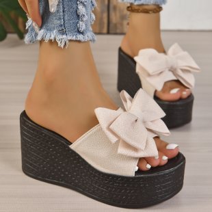 Summer new cross-border plus size slippers foreign trade fashion European and American beach sandals bow wedge platform sandals