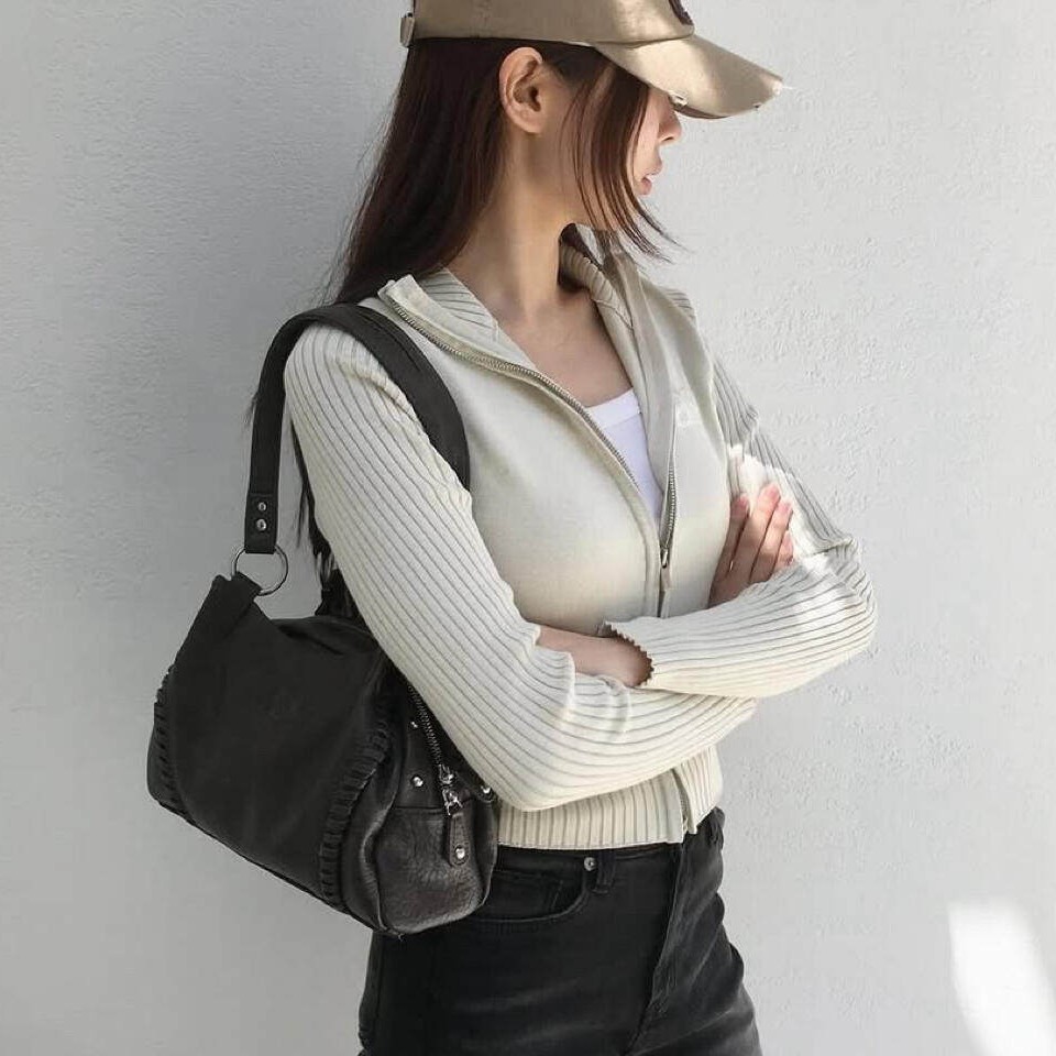 Korean Ason Hobo Leather Motorcycle Bag For Women - Niche Large Capacity Tote, Shoulder, Underarm And Handbag - Thumbnail 4