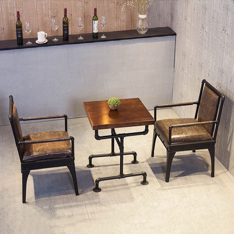 Sofa Booth Theme Restaurant Dining Table and Chair Set American-Style Solid Wood Milk Tea Shop Dining Counter Creative Dining Bar Pipe Table and Chairs