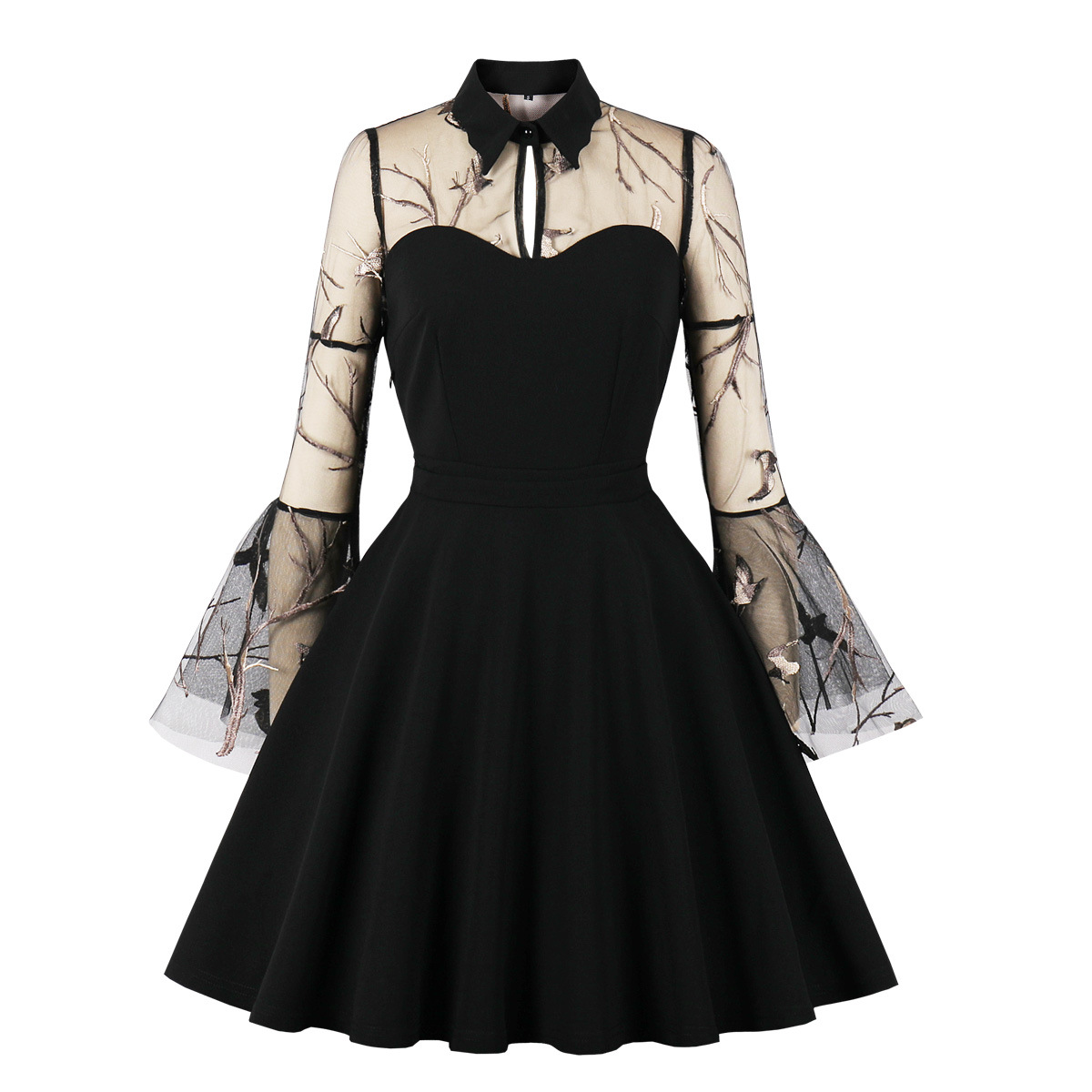 women's mesh embroidery trumpet sleeve stitching dress nihaostyles clothing wholesale NSMXN78855