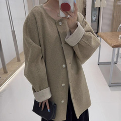 秋冬新款蝙蝠型圆领双色韩版中长款双面呢羊毛大衣女外套