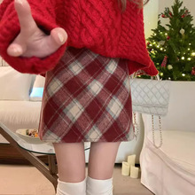 复古格子毛呢半身裙女秋季韩版2024新款大码高腰显瘦A字包臀短裙