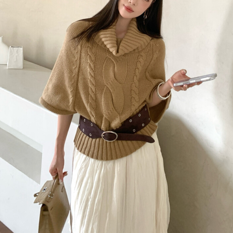 气质优雅高领斗篷针织衫上衣女2025秋冬新款跨境休闲复古麻花毛衣