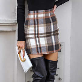 亚马逊独立站热卖 跨境女式高腰格子裙紧身铅笔羊毛迷你裙