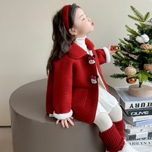 韩版网红女童加绒毛呢外套2025新款冬款洋气大衣一件代发年服童装