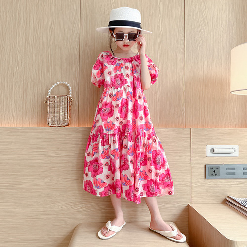 Girls large floral dress 2024 new summer dress children's style loose Korean style floral lazy skirt for big girls