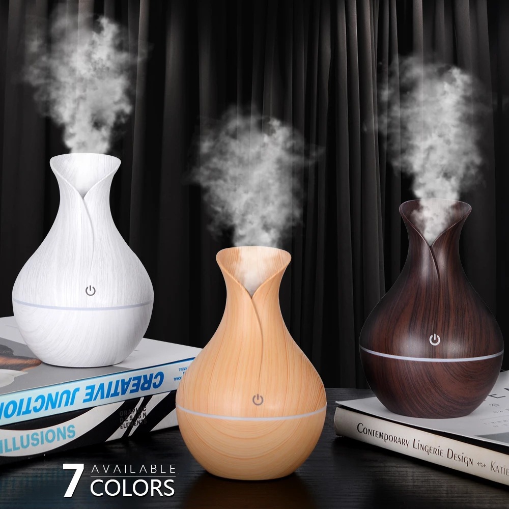 Silencio transfronterizo, niebla densa, humidificador de jarrón de grano de madera, dormitorio doméstico, oficina interior, luz nocturna, humidificador ultrasónico