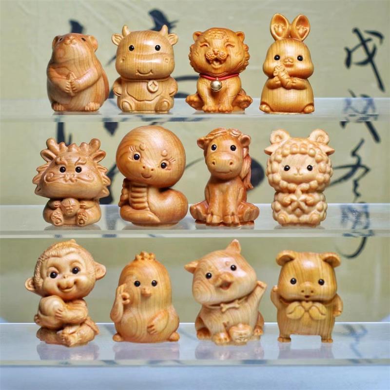 高档十二生肖全套木雕摆件崖柏可爱小兔子鼠虎龙牛蛇马羊猴鸡狗猪|undefined