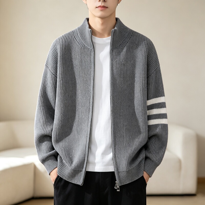 2026 Autumn New Stand Collar Zipper Sweater for Men, Loose Casual Style Striped Knit Cardigan Jacket Top 2026 Autumn New Stand Collar Zipper Sweater for Men, Loose Casual Style Striped Knit Cardigan Jacket Top