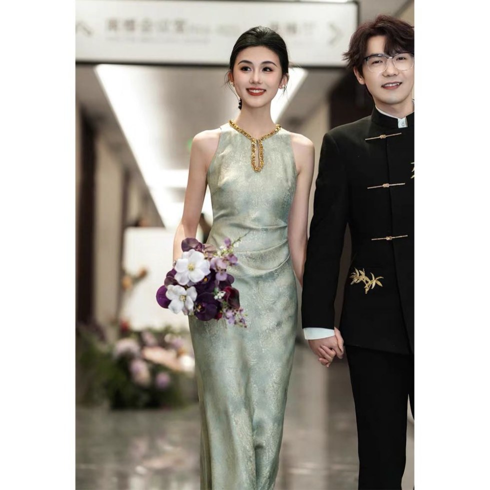 New Chinese Style Cheongsam Toast Dress for Women, High-End Elegant Engagement Dress, Chinese Style Retro Improved Dressing Gown Dress