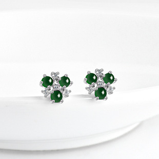 Natural A goods jade ink clover jade earrings S925 silver inlaid fashion high-end women's earrings wholesale