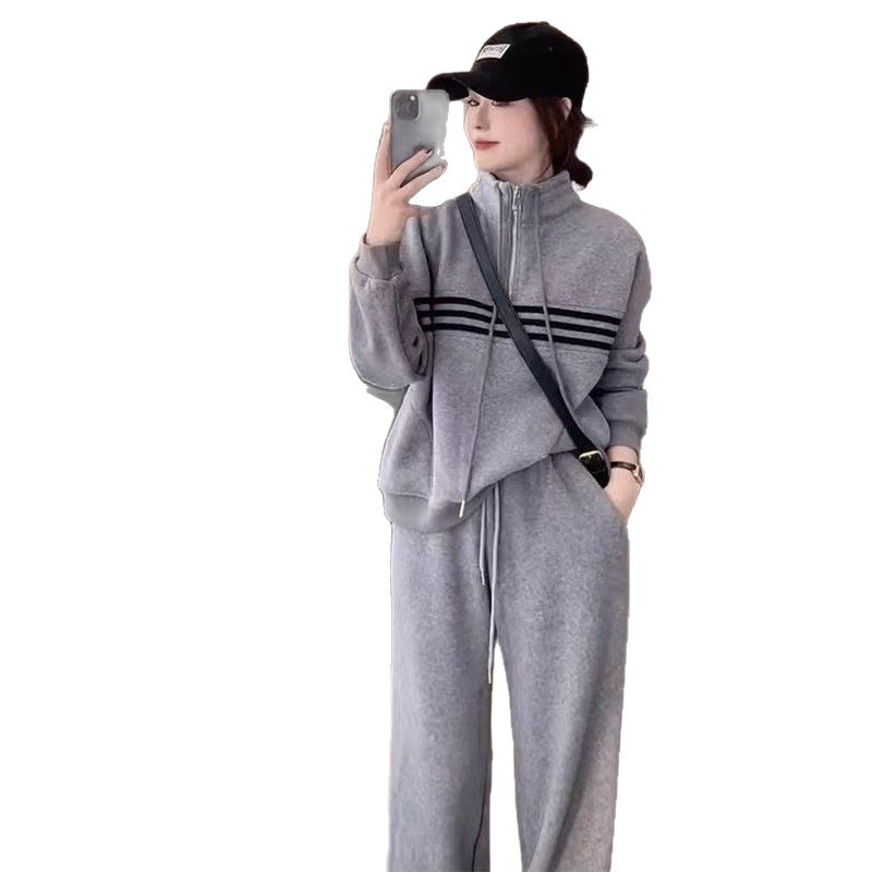 韩版潮流三条杠高领休闲卫衣女2025春秋季薄款休闲阔腿裤两件套装|undefined
