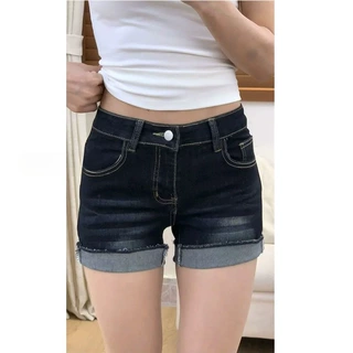 深蓝色牛仔短裤女夏季薄款大码胖mm显瘦梨形身材弹力高腰a字热裤