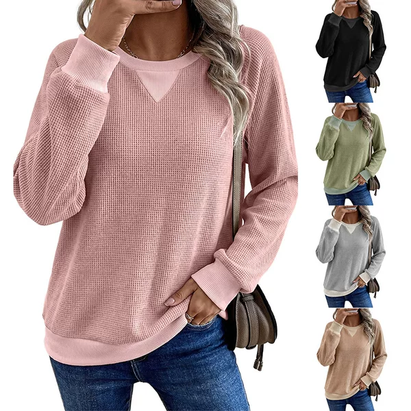 European and American Cross-Border Amazon 2026 Autumn and Winter New Women's Casual Pullover Patchwork Color-Block Waffle Long-Sleeve T-Shirt