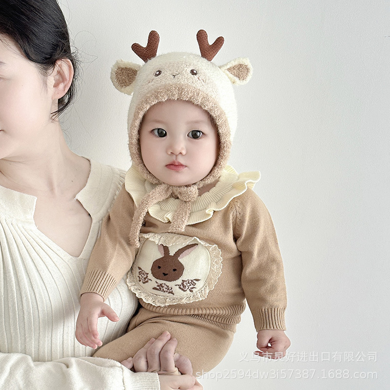 婴儿帽子秋冬季宝宝婴幼儿可爱小鹿毛线帽儿加厚护耳帽冬天毛绒帽|undefined