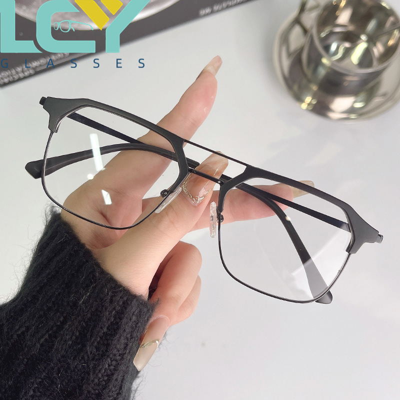 超轻双梁近视眼镜男潮痞帅无度数防蓝光辐射平光镜时尚男士砂黑框