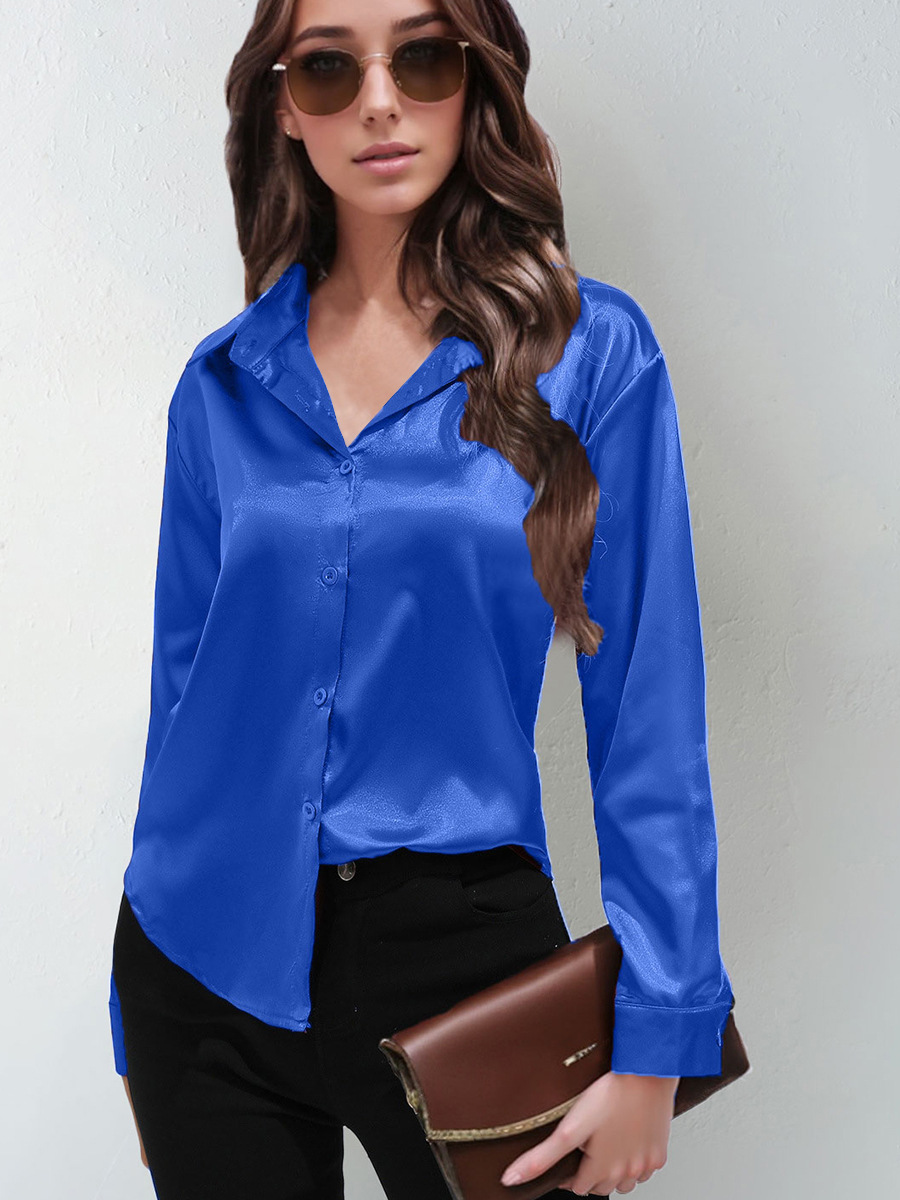 Camisa de satén para mujer, manga larga de seda de imitación de satén, blusa de color sólido explosiva de Amazon, camisa de solapa delantera con botones elegantes