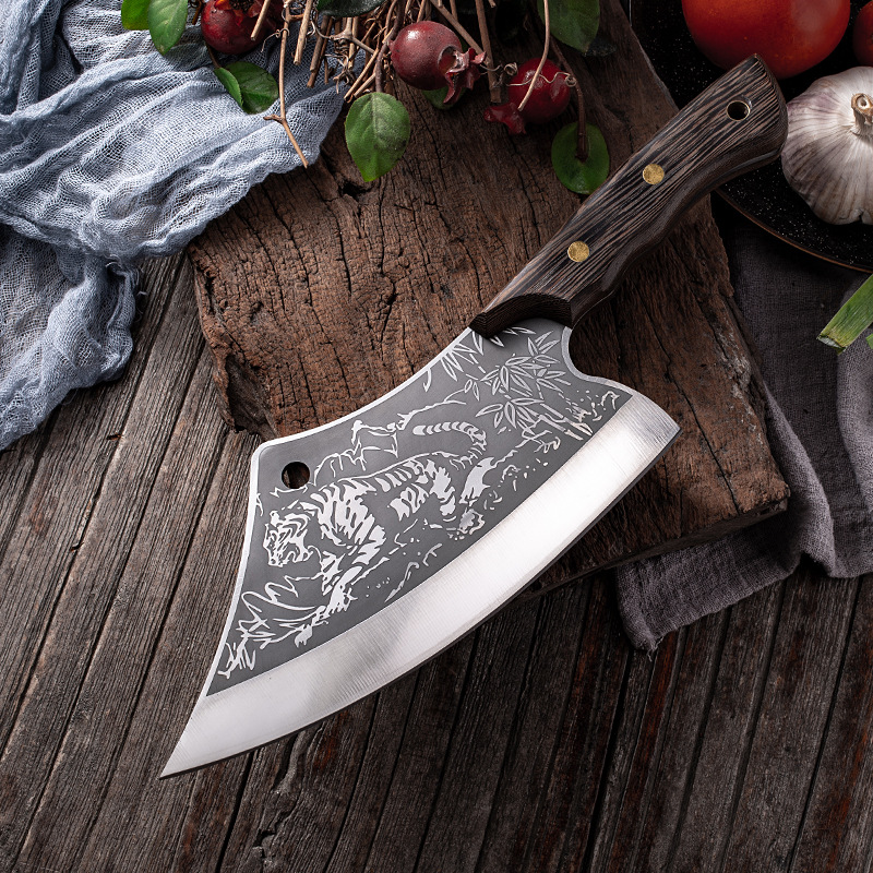 Cuchillo de cortar cuchillo de cocina afilado para el hogar patrón de tigre corte de acero inoxidable corte de pollo y pato corte de pescado y corte de dragón de doble uso Longquan transfronterizo