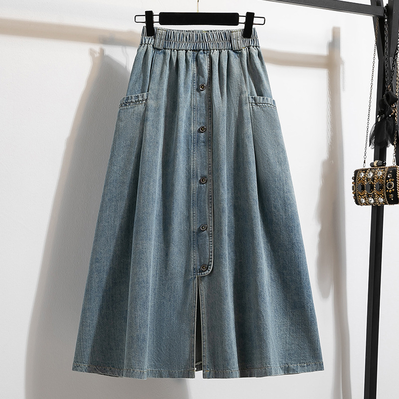 Real Shot of Solid Color Denim Washed Autumn and Summer Clothing Plus Size Fashionable Design Slightly Fat Slim Denim Skirt Women's Long Style Other