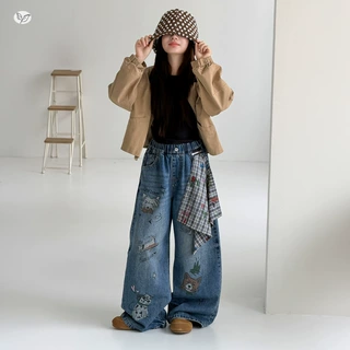 女童格子方巾牛仔裤2026秋季新款中大童卡通印花涂鸦阔腿裤直筒裤