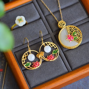 S925 Silver Inlaid Natural Hetian Jade White Jade Lotus suit Retro Ethnic Style Lotus Pond Moonlight Three-piece Set
