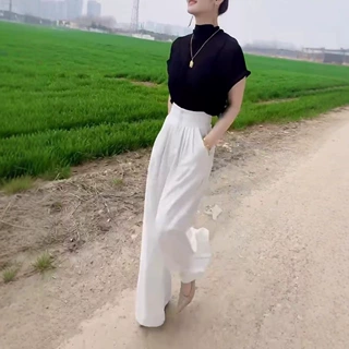 25117大爱美依缘2025夏季新款设计感短袖纯色上衣高腰阔腿裤时尚
