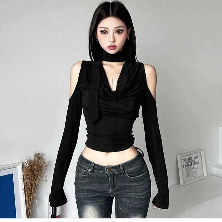 Sweet and Spicy Cool Sexy V-Neck Off-Shoulder Long-Sleeve T-Shirt for Women, New Autumn and Winter Slim-Fit Base Layer Top