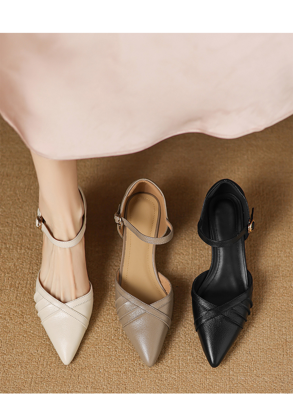 Giày sandal cao gót nữ quai ngang mũi nhọn da cừu gót 5,5 cm — đen chi tiết 1