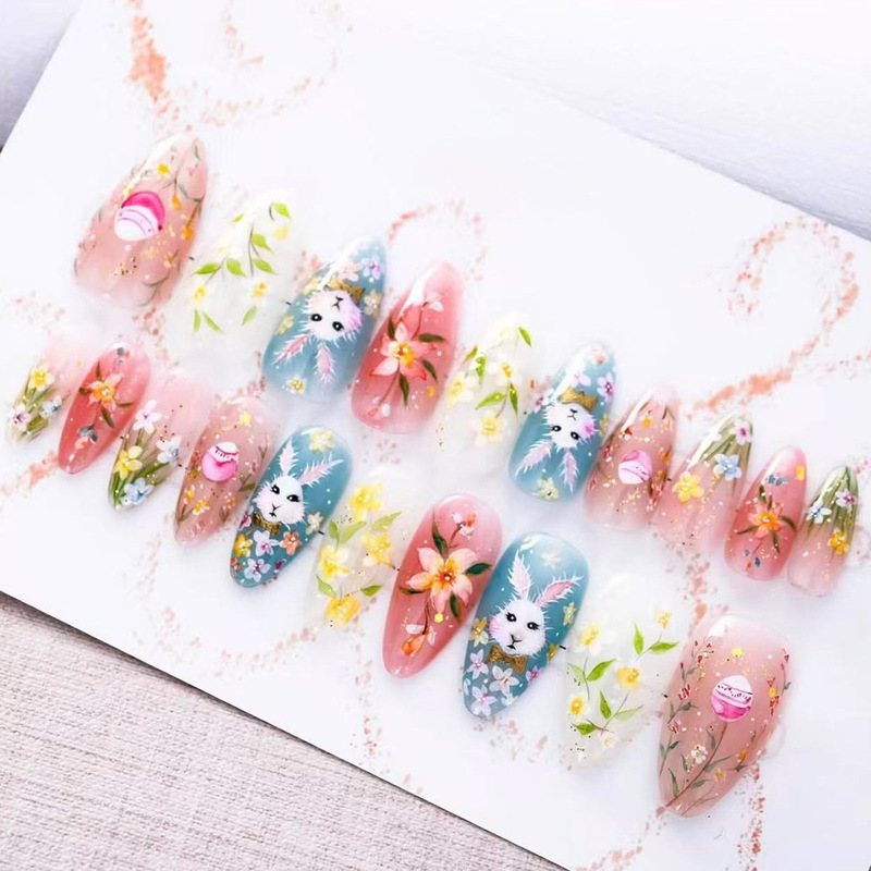 Spring and Summer Beautiful Floral Color Gradient Easter Cute Bunny Design Almond-Shaped Press-On Nails