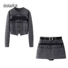 2025冬季新款圆领长袖开衫高腰短款半身裙针织毛衣套装RL92401156