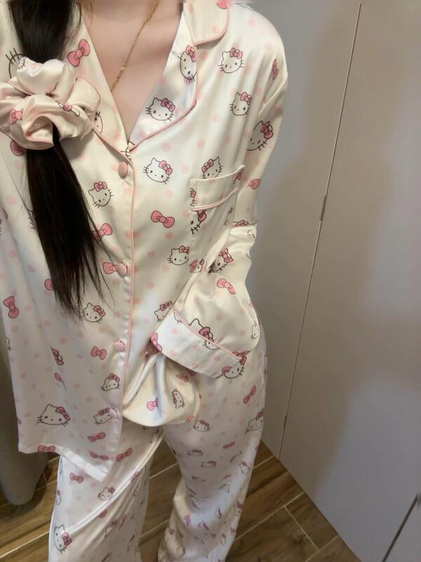 韩版甜美卡通凯蒂猫缎面冰丝睡衣女春秋款2025新款裸感家居服套装|undefined