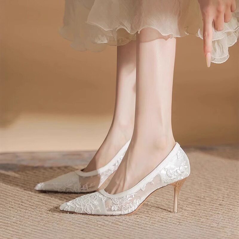 Hong Kong Lace High-Heeled Shoes for Women 2025 Summer New Style with Thin Heels, Unique Design, Niche French Style, Sexy Versatile Single Shoes