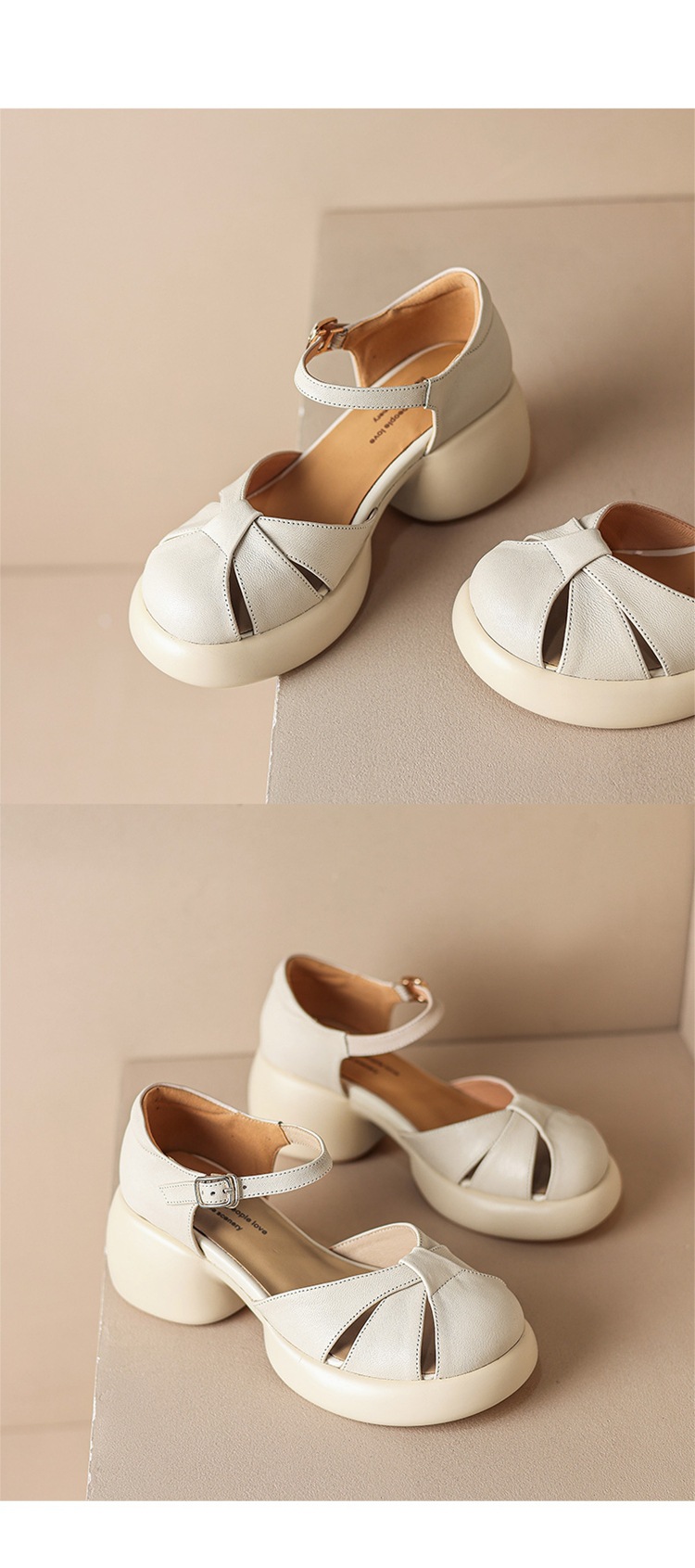 Sandal cao gót nữ quai ngang da cừu mũi nhọn đế dày — Màu be chi tiết 12