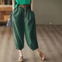 棉麻灯笼裤女2025夏季新款盘扣宽松系带松紧腰拼色休闲百搭哈伦裤