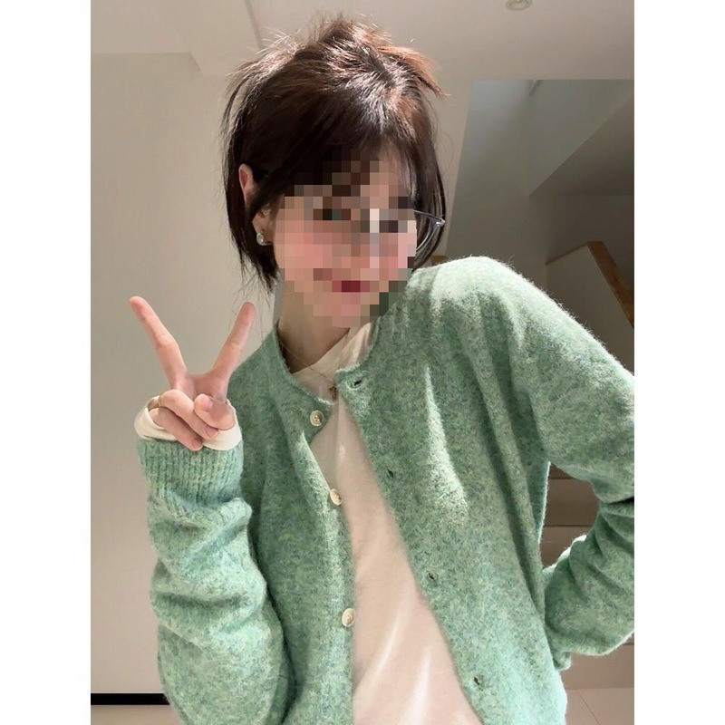 百搭薄荷绿卷边针织开衫女春秋百搭绿色上衣早春外搭软糯毛衣外套|undefined