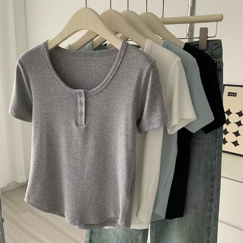 Designed with a Curved Hem, Henley Collar, Ribbed Short-Sleeve T-Shirt for Women, Size 26, Summer U-Neck Slim Fit Stretchy Top for Petite Figures