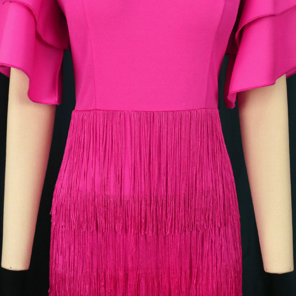 Women's Clothing Rose Red Tassel Skirt Ruffle Sleeve Sexy V Neck Large Size 4XL Dress Party Dress_voghion.com