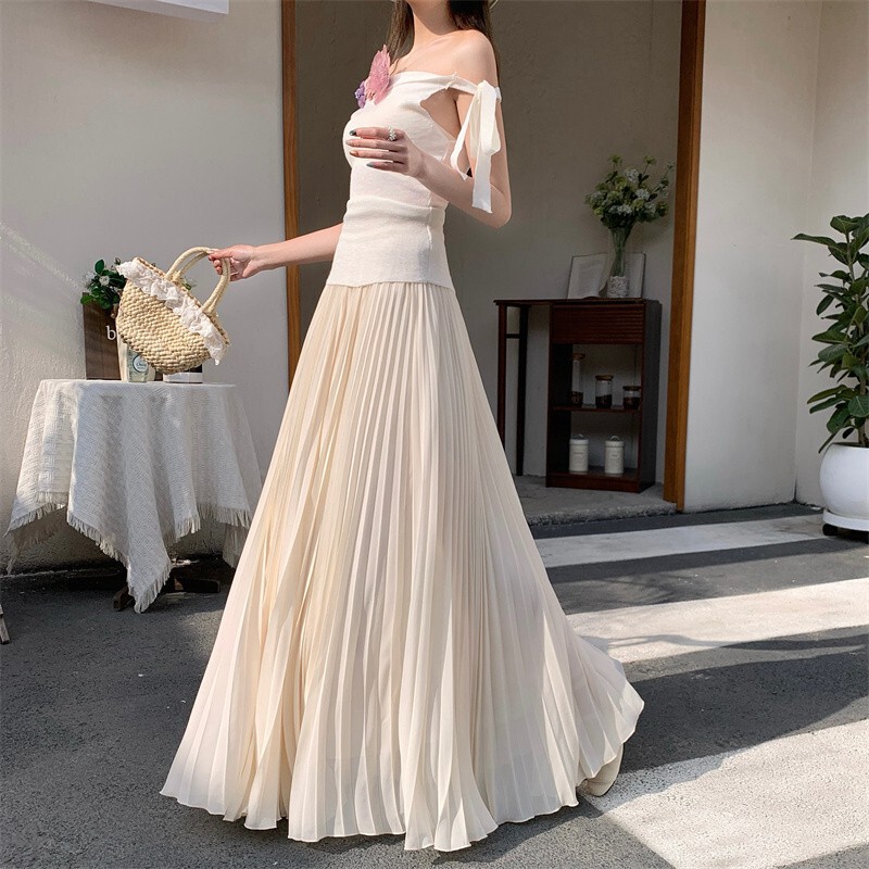 2026 Spring and Summer New Style Irregular Large Hem Pleated Accordion Skirt High-Waisted Slimming Chiffon Long Skirt