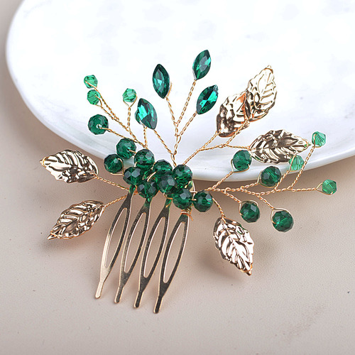 Cross-border Bestselling Alloy Water Drill Insert Comb Handmade Leaf Emerald Crystal Hair Accessories Ancient Chinese Costume Accessory Hair Comb