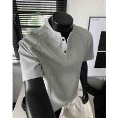 アメリカンハンサムハイエンドTシャツメンズサマーヘンリーカラー半袖無地クリーンフィットスペースコットンハーフスリーブ