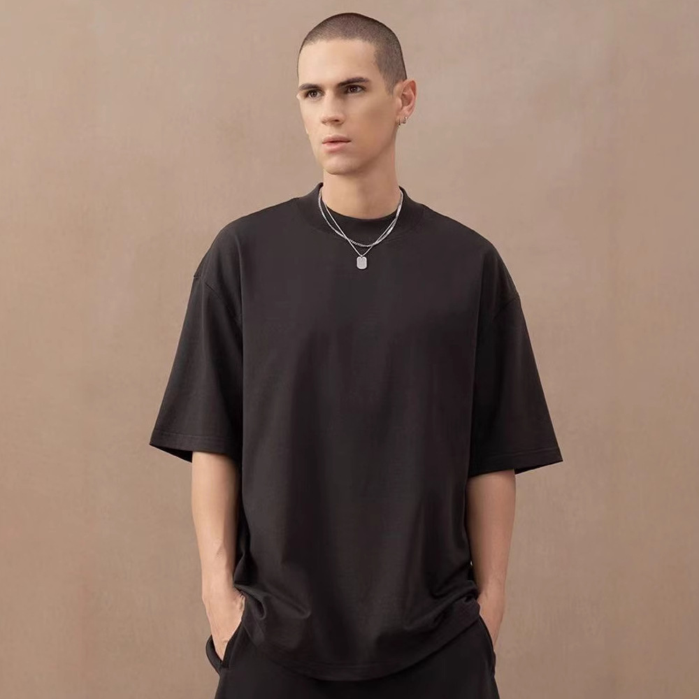 310g pesado cuello pequeño camiseta de cuello alto de manga corta europea y americana hombre de hombro caído casual pareja casual en la parte superior versátil